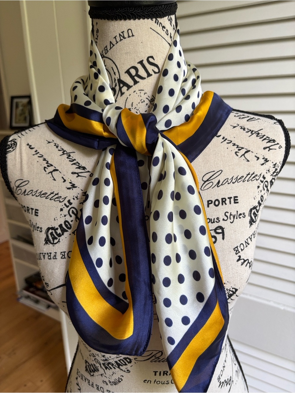 Navy Gold Polka Dot Square Scarf Silky Retro Print